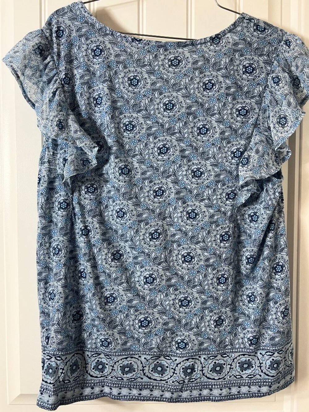 Lucky Brand Floral Medallion Boho Flutter Sleeve Knit Blouse Blue Gray L - Picture 6 of 11